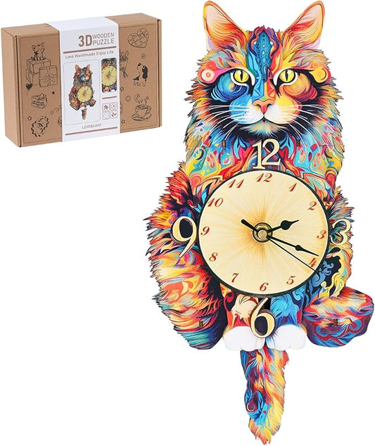 3D Wooden Puzzles for Adults, Maine Coon Cat Clock DIY Kit, Beginner 22 Pcs Wooden Puzzles, Creative Gift Ideas for Adults Teens