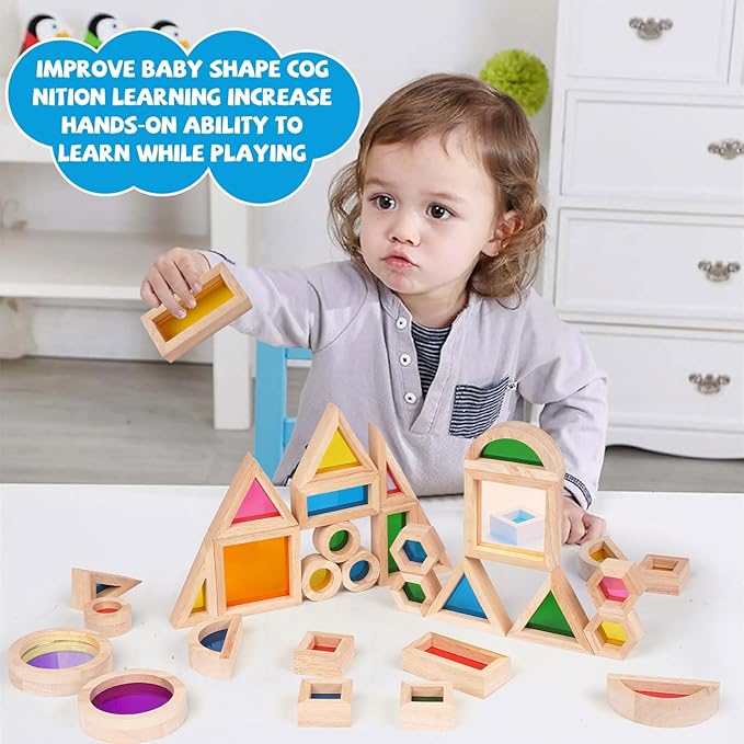 Wooden Rainbow Building Blocks for Kids 32 Pcs Rainbow Stacker Stacking Blocks Game Colorful Construction Toys Preschool Learning Educational Toys -Geometry Wooden Blocks for Boys & Girls