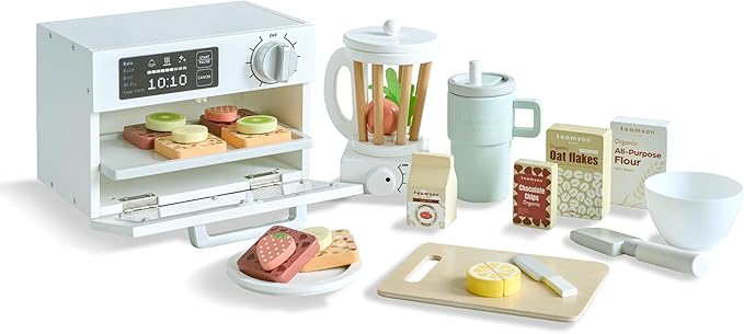 Teamson Kids Little Chef Santa Barbara Wooden Healthy Dessert Set - 27 Pieces Pretend Toy Food Accessories Plus Oven & Blender, Educational Role-Play for Kids Ages 3+, White