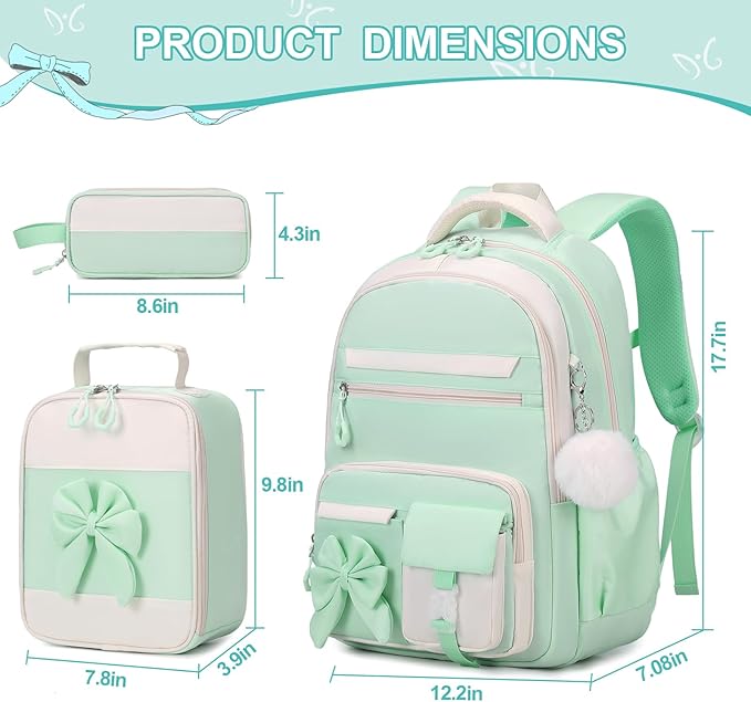 Backpack for Girls, 3PCS Girls Backpack for School with Lunch Bag Pencil Case, Cute Kids Teens Bookbag for Kindergarten Elementary Preschool Middle School (Green)
