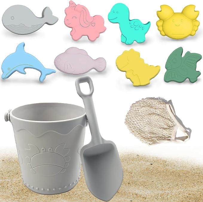 11Pcs Baby Beach Toys, Silicone Beach Toys, Baby Beach Essentials, Travel Friendly Beach Set, 1 Bucket, 1 Shovel, 8 Sand Molds, Beach Bag, Sand Toys for Toddlers 1-3 (Gray)
