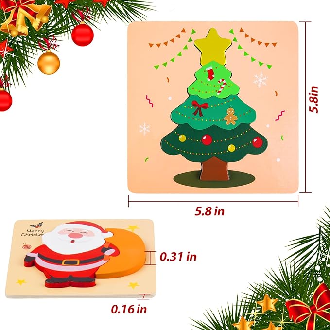 Christmas Wooden Puzzles for Toddlers, Baby Jigsaw Puzzles for 1 2 3 Years-Old Boys and Girls, Set of 4 Montessori Toys with Large Pieces Safe for Kids