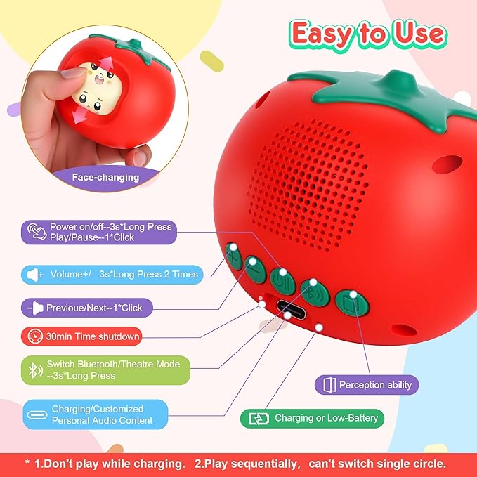 Kids Story Box Audio Player Starter with Tomato Face-Changing, Early Emotional Education Toy & Storyteller, Preloaded 200+ Stories/Music, Bluetooth, Birthday Gift for Boys Girls-Red