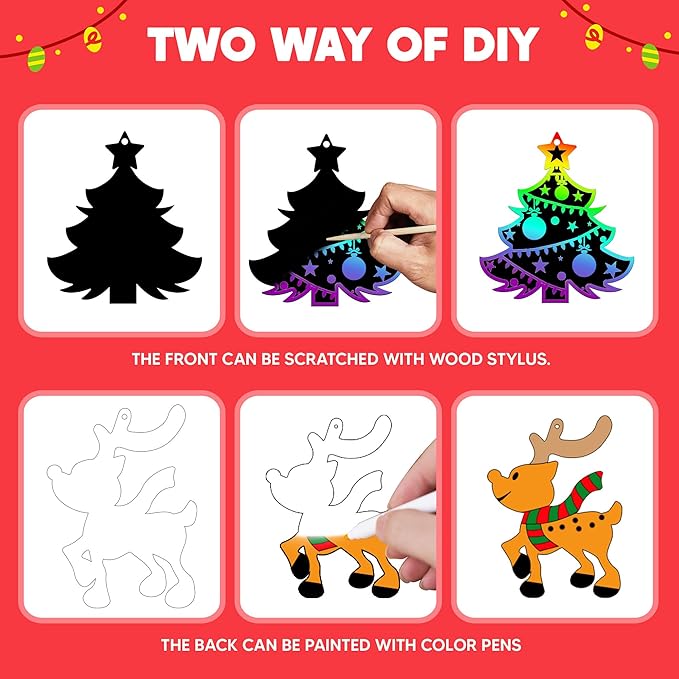 JOYIN 48 Pcs Christmas Scratch Art Ornaments, Rainbow Color Scratch Paper in Front Side & Coloring Card in Back Side, Scratch Off Kids Party Favors Supplies, Holiday DIY Art Craft Kit Activities Gifts