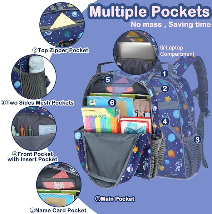 FlowFly Kids Backpack for Toddler Boys Girls, Simple Lightweight Bookbag for Daycare Kindergarten Elementary School Travel, Small Modern Bag (Medium 15'', Astronaut)