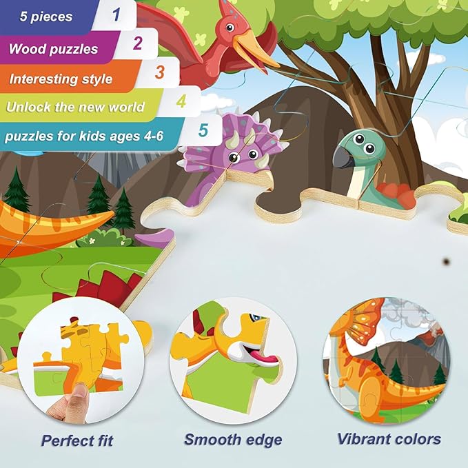 Wooden Puzzles Dinosaur Toys for Kids Ages 3-5, Set of 5 Packs with 30-Piece,Preschool Educational Brain Teaser Toys for Boys and Girls 3-8 Years Old