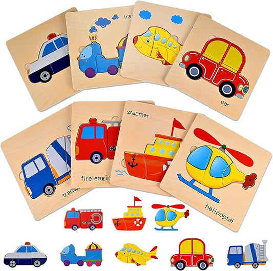 Wooden Puzzles for Toddlers 1-3, Toddler Puzzles Ages 2-4, Montessori Toys for 1-3+ Year Old Learning Educational Preschool Toys for Boys Girls (Vehicle Theme)