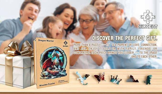 Wooden Jigsaw Puzzle, 200-500 Pieces Unique Shape Animal Puzzle, for Adults & Kids, Birthday Gift Family Game, Decorative Puzzle, Unique Gift (Dragon Warrior, 200 PCS)