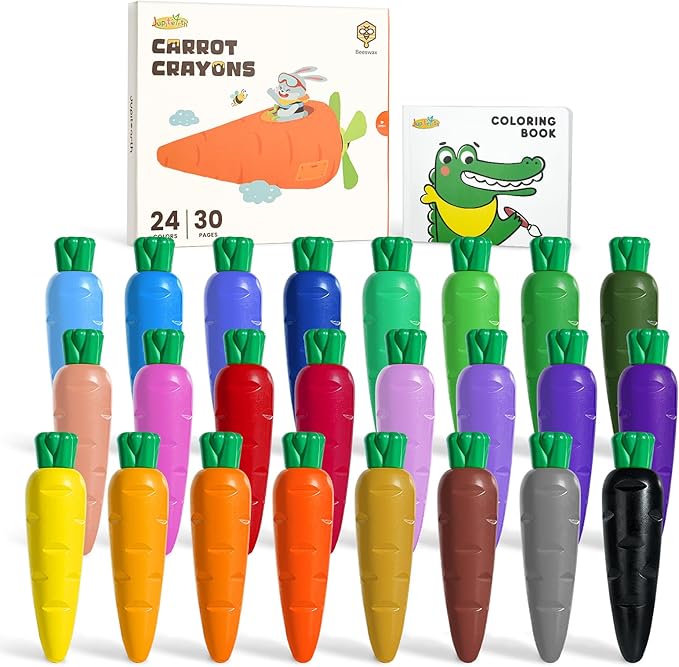24 Colors Crayons for Toddlers 1-3, Non Toxic Beeswax Carrot-Shaped Toddler Crayons with 30-Page Coloring Book and 120 PDF Pages, Mess-Free Coloring for Kids Ages 2-4 4-8 Art Supplies Gift