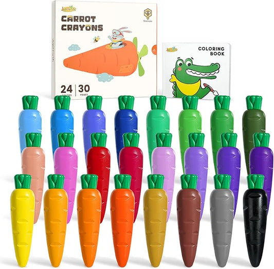 24 Colors Crayons for Toddlers 1-3, Non Toxic Beeswax Carrot-Shaped Toddler Crayons with 30-Page Coloring Book and 120 PDF Pages, Mess-Free Coloring for Kids Ages 2-4 4-8 Art Supplies Gift