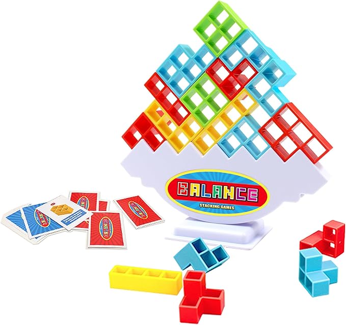 FAVANTIME 32pcs Stacking Game Tetra Balance Tower Stacking Blocks Board Games for 1-4 Players Family Games for Kids, Adults, Party, Travel Team Building Blocks Toys