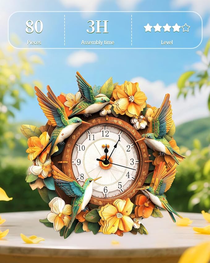 3D Wooden Puzzles for Adults, Hummingbird Clock with Pendulum Model Kit, 3D Puzzles for Adults Room Home Decor DIY Wall Clock Kit, Holiday Birthday for Men Women Teens