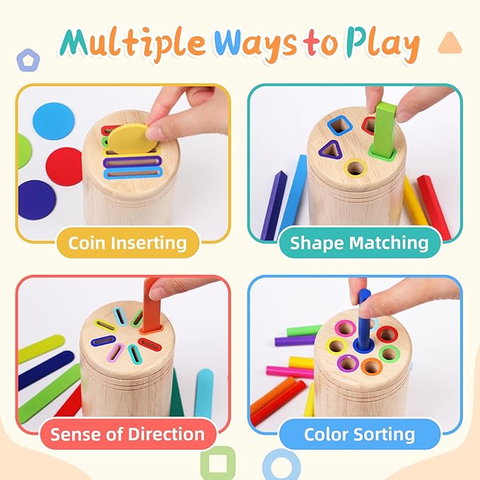 4 in 1 Montessori Toys for 2 3 4 Year Old, Wooden Color Sorting Toys for Toddlers 1-3, Preschool Learning Activities Fine Motor Matching Games, 18 Month Old Gifts for Kids Boys Girls