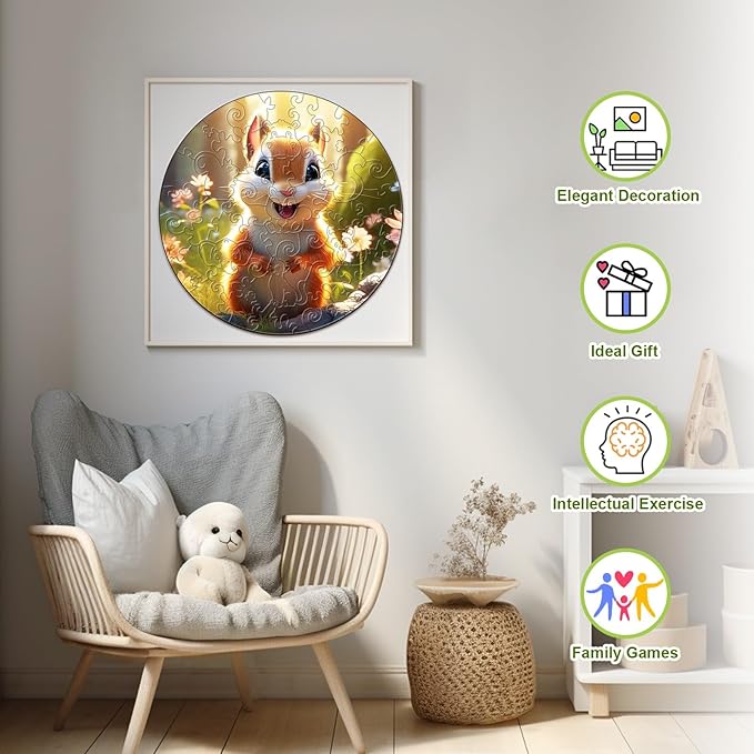 Wooden Puzzles for Kids Ages 4-8, Cute Squirrel Puzzle, Unique Animal Shaped Wooden Jigsaw Puzzles for Kid, 50 Pieces Puzzles for Kids(50pcs,11.4 * 11.4in)