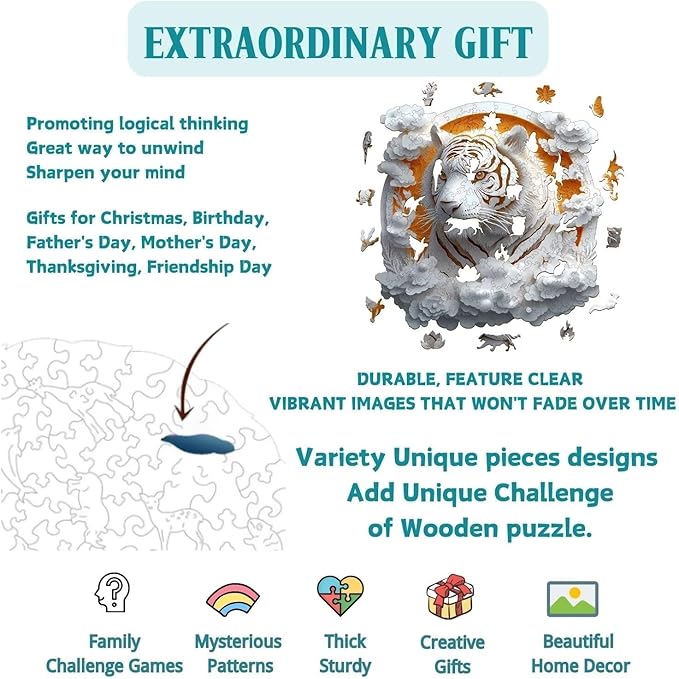 Wooden Puzzles Adults, 3D Paper Tiger Wooden Puzzles 200 Pieces, Unique Animal Shaped Wood Challenging Jigsaw Puzzles Gifts for Adults, 11.4x11.4in