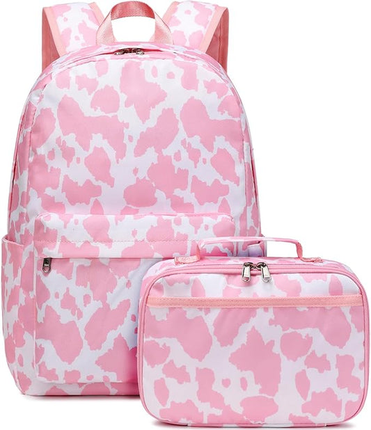 JIANYA Girls Backpack for School, Kids Elementary School Backpacks Water Resistant Pink Cow Print Backpack for Girls with Lunch Box