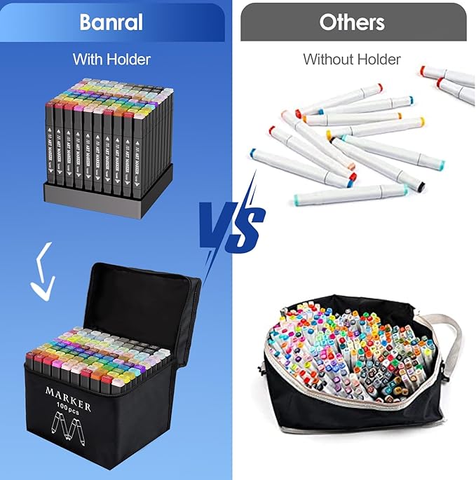 Banral Alcohol Markers Set, 100 Colors Dual Tip Alcohol Based Art Marker for Artists, Permanent Drawing Pens for Adult Coloring Sketching Illustration with Case and Holders