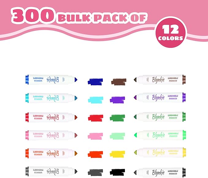 Washable Markers Bulk, Bulk Pack of 300 in 12 Vibrant Colors, Broad Line Markers with Conical Tips- Perfect for Kids' Classrooms & Teachers