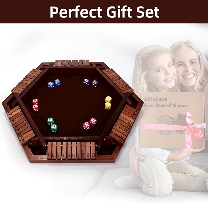Shut The Box Game Wooden Board 6-Way with Carry Bags and 16 Dice, Portable Close The Box Game for 1-6 Players, Math Educational for Kids, Adults (Instruction Included)
