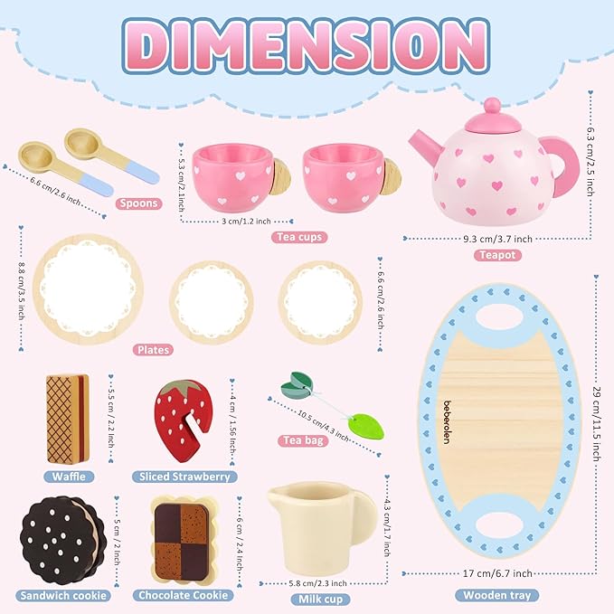 Wooden Tea Set for Little Girls Birthday Gift 2-4 Year Old Princess Toys Play Food Sets for Kids Kitchen Accessories Toddlers 3-5 Outdoor Party 1-3 Pretend Food Dessert Cookies Wood Toy