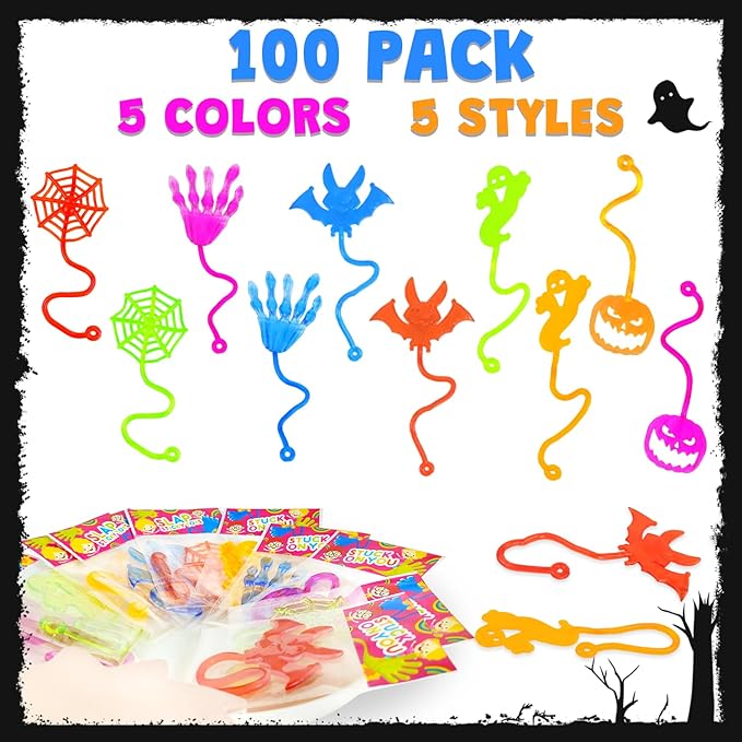 Halloween Toys Gifts Bulk for Kids 100PCS, Sticky Hands Treats Non Candy Party Favors for Toddlers, Bulk Halloween Birthday Basket Goody Bag Stuffer Fillers Classroom Prizes Giveaways Handouts Ideas