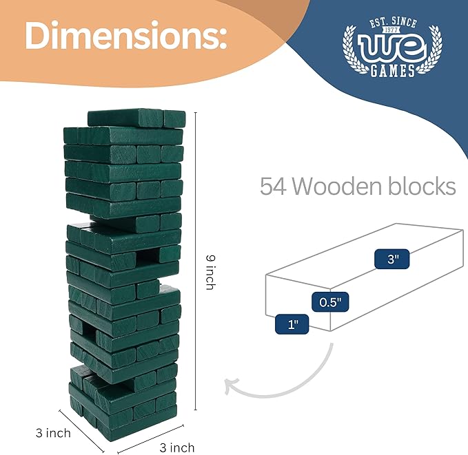 WE Games Wooden Block Stacking Party Game for Adults, Tumble Tower Wedding Guest Book Alternative, Tabletop Games, Includes Storage Case, 12 inches