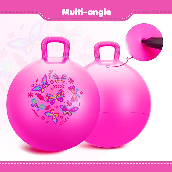 EVERICH TOY Hopper Ball, Pink Butterfly Hopping Toys for Kids, 20 Inch Bouncy Ball with Handle, Indoor Outdoor Inflatable Hoppity Hop Toy for Girls Boys Gift with Pump