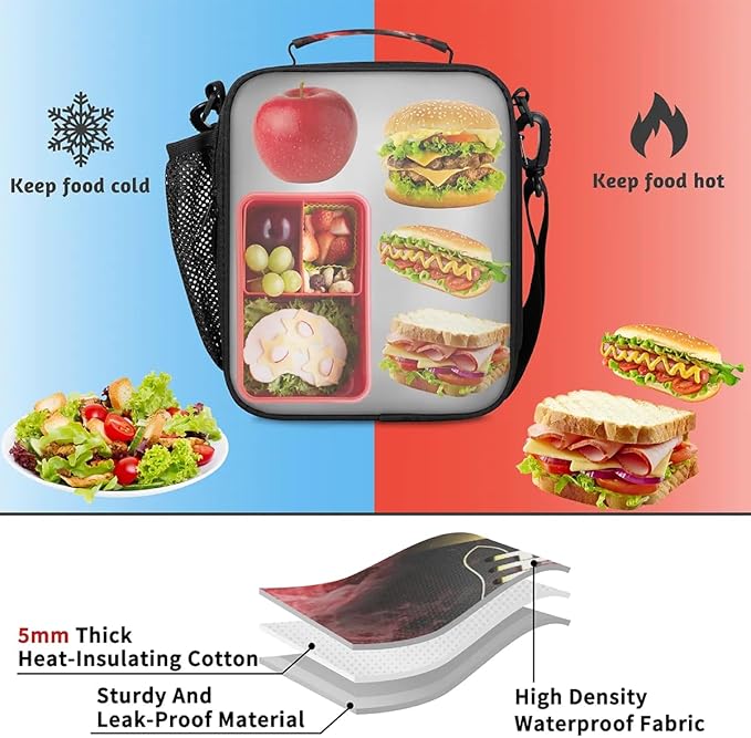 American Football Lunch Box for Boys Insulated Lunch Bag Reusable Portable Lunchbox with Adjustable Shoulder Strap and Water Bottle Holder for Work School Travel