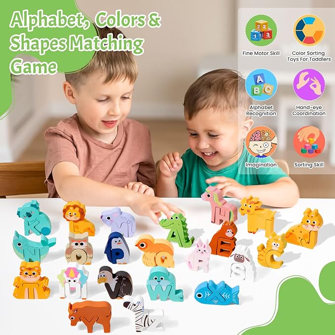 Wooden Alphabet Puzzle for Kids Ages 3-5 - 52pcs ABC Animal Matching Game with Storage Bag, Montessori Learning Toys, 3D Letter Recognition Puzzle, Non-Toxic Educational Gift for Toddlers
