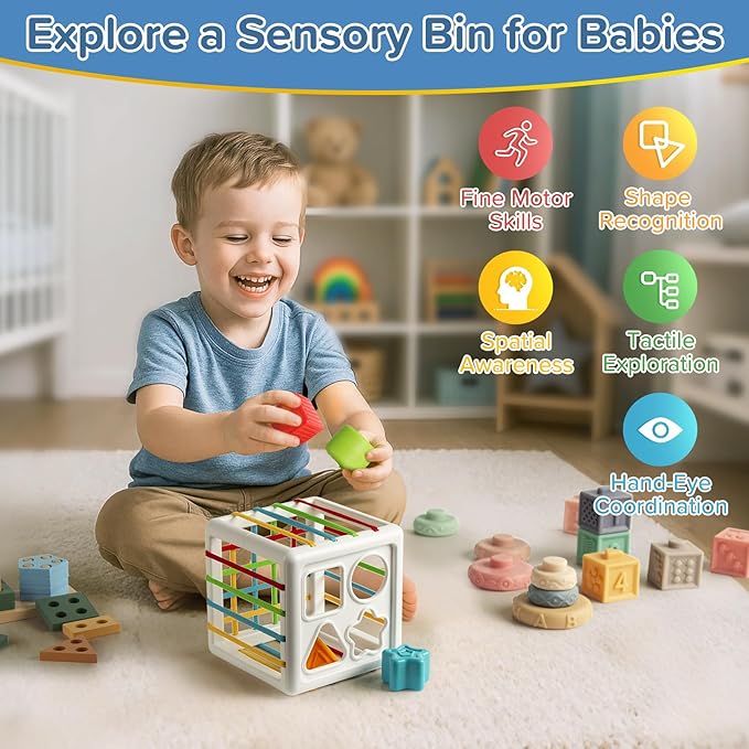 7‑in‑1 Montessori Baby Toys for 6‑12 Months & 1+ Years, Infant Sensory Teething & Stacking Blocks | Wooden Shape Sorter, Xylophone Musical Toy, Birthday Gift for Toddlers 1‑3