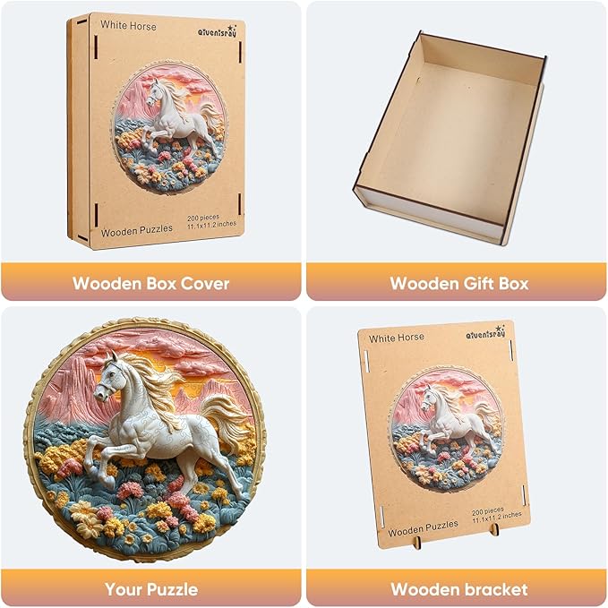 Wooden Puzzle for Adults 500 Piece - 3D Vision Effect Galloping White Horse Wooden Puzzle Unique Shape Advanced Wooden Jigsaw Puzzle, Wood Puzzles, Challenge Wooden Jigsaw Puzzle(16.3 x 16.5 in)