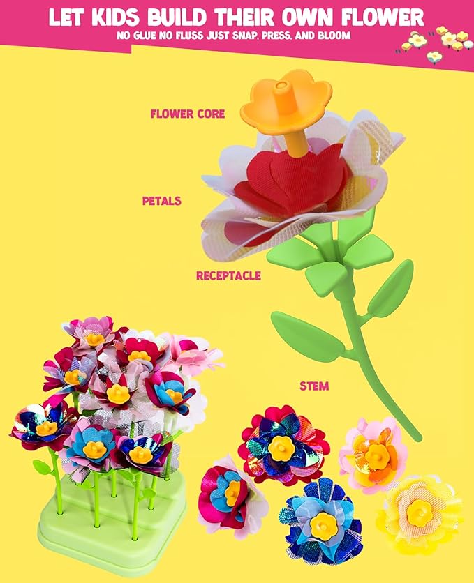 WKYCOE Fabric Flower Bouquets Craft Kit, DIY Arts and Crafts for Kids 4 5 6 7 8 9 Year Toddler Girl - Flowers Market Toy Educational Activity and Birthday Gift Toys Gifts Ideas for Boys Girls
