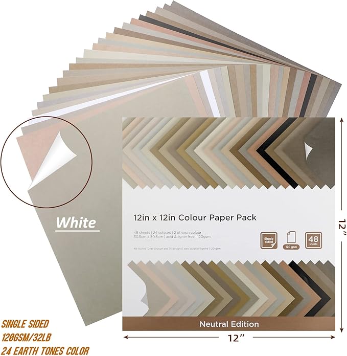48 Sheets Earth Tones Colored Card Stock Printer Paper 120 gsm 32 lb 12x12 inch Cardstock Paper Neutral Color Scrapbook Paper for Cricut Maker