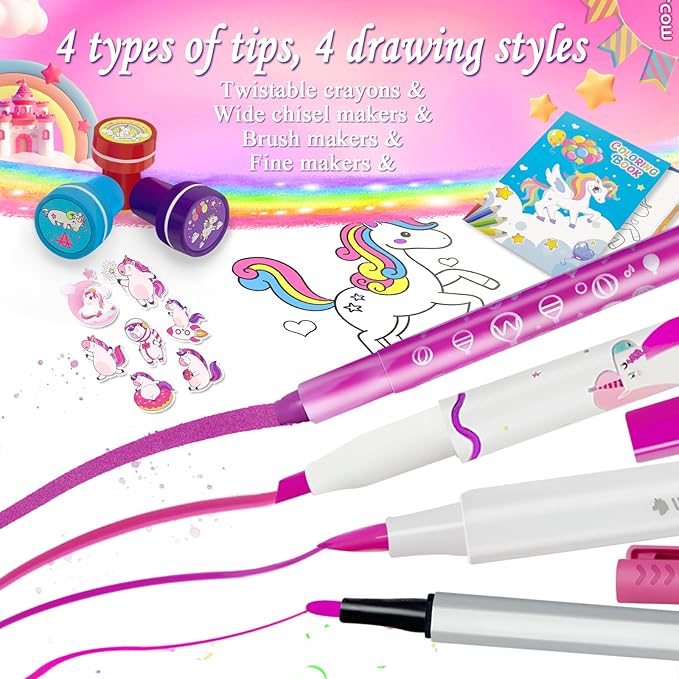 56 PCS Washable Scented Markers Set with Glitter Pencil Case, Mermaid Unicorn Arts and Crafts for kids 4-6-8 Kids Coloring Drawing Kits for 4-8 Years Old Girls Birthday Gifts