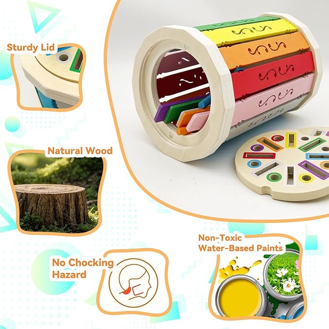 Wooden Montessori Baby Toddler Toys: Learning Fine Motor Skills Sensory Toys for Toddlers 3-5, Educational Color Sorting Preschool Learning Activities Boys Girls Gifts (Rainbow Bucket)