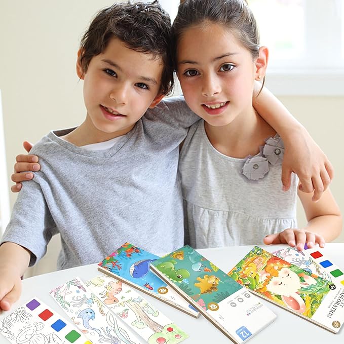 Vileafy 3-Pack Water Coloring Books for Kids Ages 4-8, Ocean, Animals, Dinosaur Travel Watercolor Painting Book with 6 Brushes for Airplane, Camping, Restaurant Activities, and Goodie Bag Stuffers