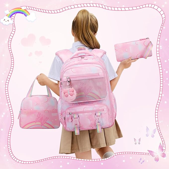 Backpack for Girls, Rainbow Butterfly Girls Backpacks with Lunch Bag Pencil Case Set, Kids Backpack Kindergarten Elementary Middle School Book Bag for Teen Girl Children Students