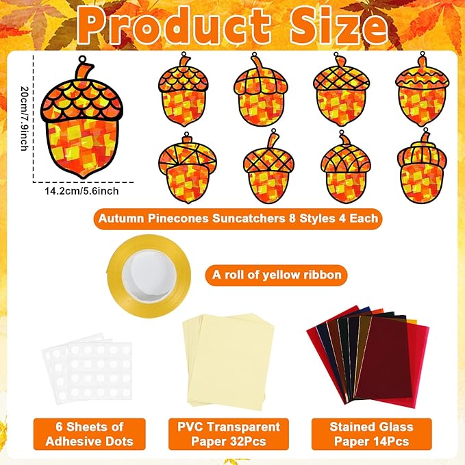32 Sets Pine Cones Suncatchers Craft Kit DIY Window Stained Glass Effect Fall Autumn Pine Cones Paper Craft Home School Classroom Decoration Kid Birthday Gift Creative Art Project Activity Game