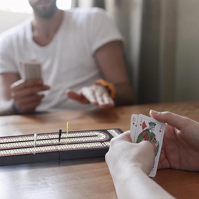 Cribbage Board Game Set - Wooden Foldable 3-Track Board with Magnetic Closure, 9 Metal Pegs, Playing Cards, Portable Family Travel Game for Gatherings and Gifts