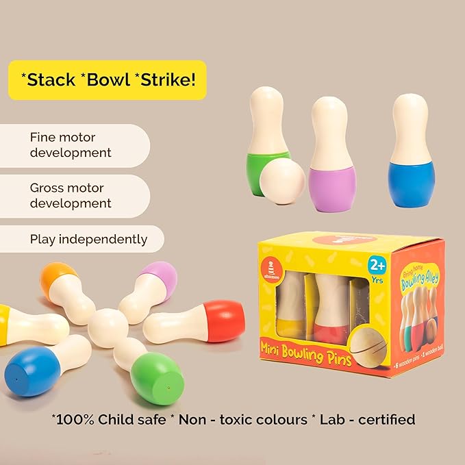 Shumee Montessori Wooden Kids Bowling set 2+ Years, Eco-Friendly Toddler Bowling Sets with 6 Pins & Ball, Indoor/Outdoor Bowling Set For Kids, Muscle & Brain Development, 100% Child-Safe Toy - Stripes