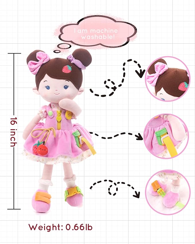 LeyaDoll Educational Soft Baby Doll(16''), Learning Sensory Doll for Toddlers, Montessori Toys for 2-Year-Old Girls Christmas, Birthday Gifts, Plush Doll with Zipper, Shoelace, Button-Busy Jucy Girl
