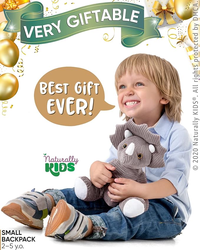 Naturally KIDS Small Dinosaur Backpack - Triceratops Dinosaur Toys for Kids 3-5 - Toddler Backpack for Boys & Girls - Grey Plush Stuffed Animal