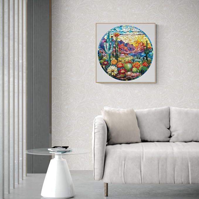 Jigfoxy Wooden Puzzles for Adults, Stained Glass Cactus Wood Puzzles Adult, Unique Animal Shape Wooden Jigsaw Puzzles for Adults, Birthday Gifts for Puzzle Lovers, Family (L-13.4 * 13.4in-300pcs)