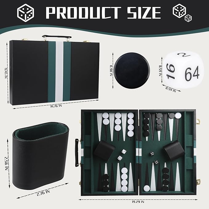 Froggod 15 inch Backgammon Sets for Adults - Classic Board Game for Adults - Portable Travel Backgammon Set for 2 Players - Perfect Adult Board Games for Gifts & Family Fun(Black)