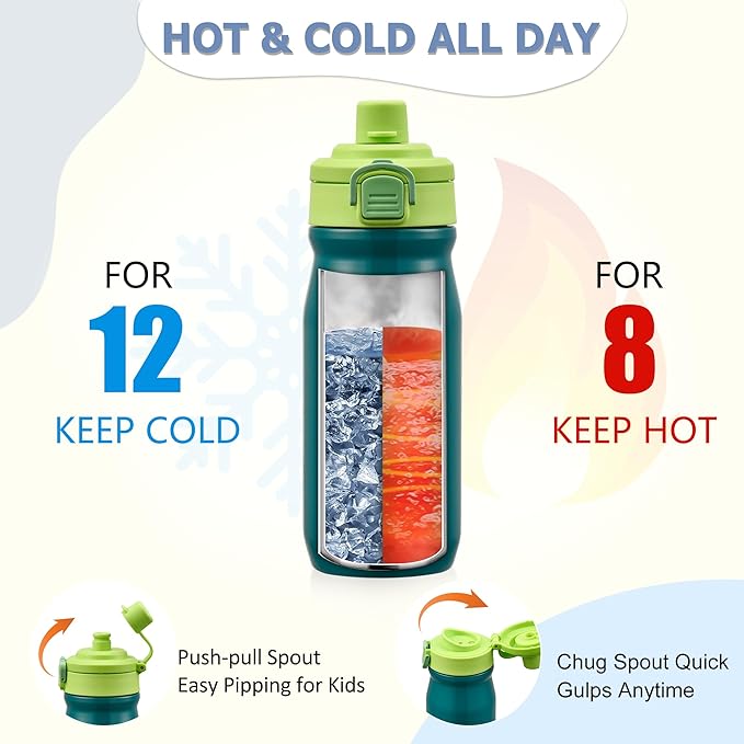 MAISON HUIS Kids Bento Box Set - Includes 8oz Soup Thermo, Insulated Lunch Bag & 17oz Stainless Steel Water Bottle, 5-Compartment Bento Box with Built-In Ice Pack, Leak-Proof & BPA-Free(Green)