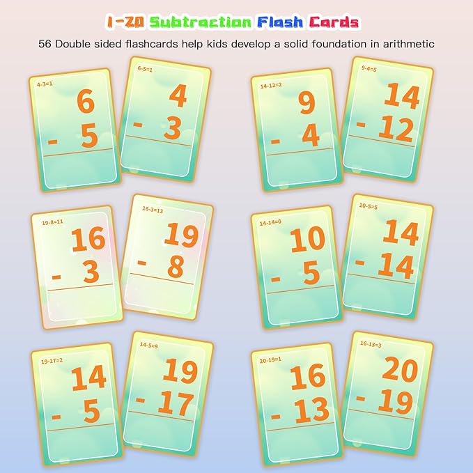 Subtraction Flash Cards, Math Facts Flashcards 1-20, Math Manipulatives Games for Kindergarten, 1st, 2nd, 3rd, 4th, 5th, 6th Grade Kids Ages 4-12
