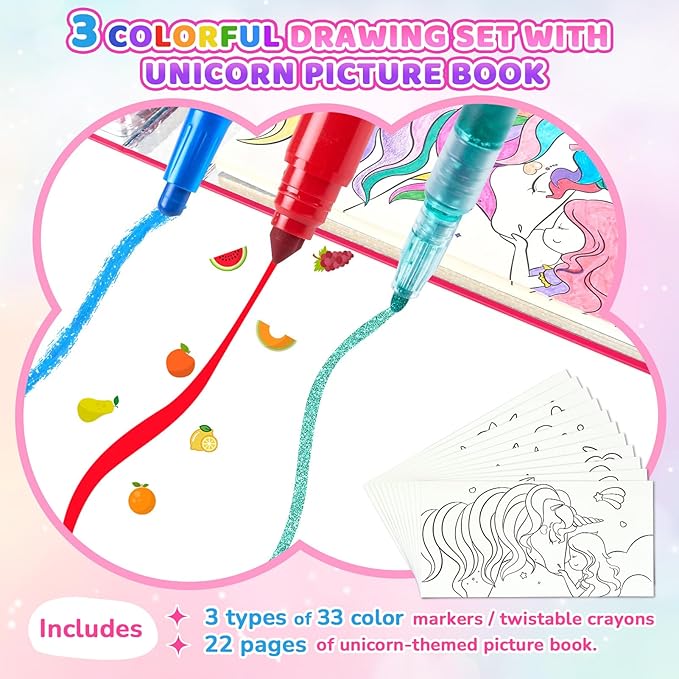 JoyCat Magical Unicorn Drawing kit for Kid,55 Pcs Stationery Kit with Washable Scented Marker&Twist Crayon,Glitter Marker,Ideal Gift for Girl Aged 4-10,Fun and Creative Art & Craft Supply