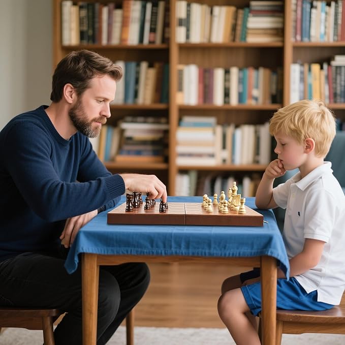 Magnetic Chess Set for Adult Kid, 15.4" Leather Chess Board with Handmade Chess Piece Including 2 Extra Queens and Storage Slot, Folding Portable Travel Chess Game for Beginner and Professional