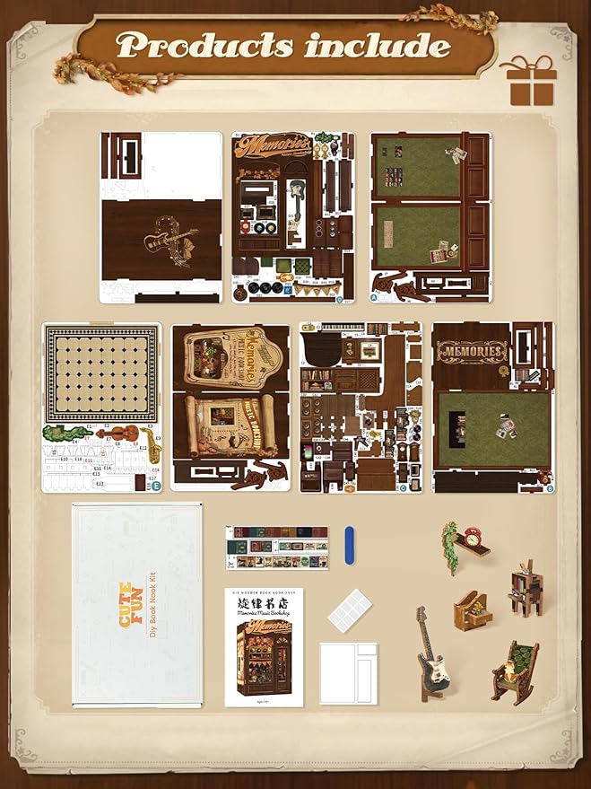 Cutefun Book Nook Kit - DIY Miniature House Kit for Bookshelf Decor, Book Nook Kits for Adults & Beginners, 3D Wooden Puzzle Dollhouse, Ideal Gift for Book Lovers (Memories Music Bookshop)