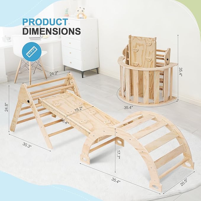 Pikler Triangle Set for Toddlers, 7-in-1 Foldable Montessori Climbing Gym with Safety Strap on Slide, Indoor Wooden Arch, Ramp, Ladder for Active Play - Natural